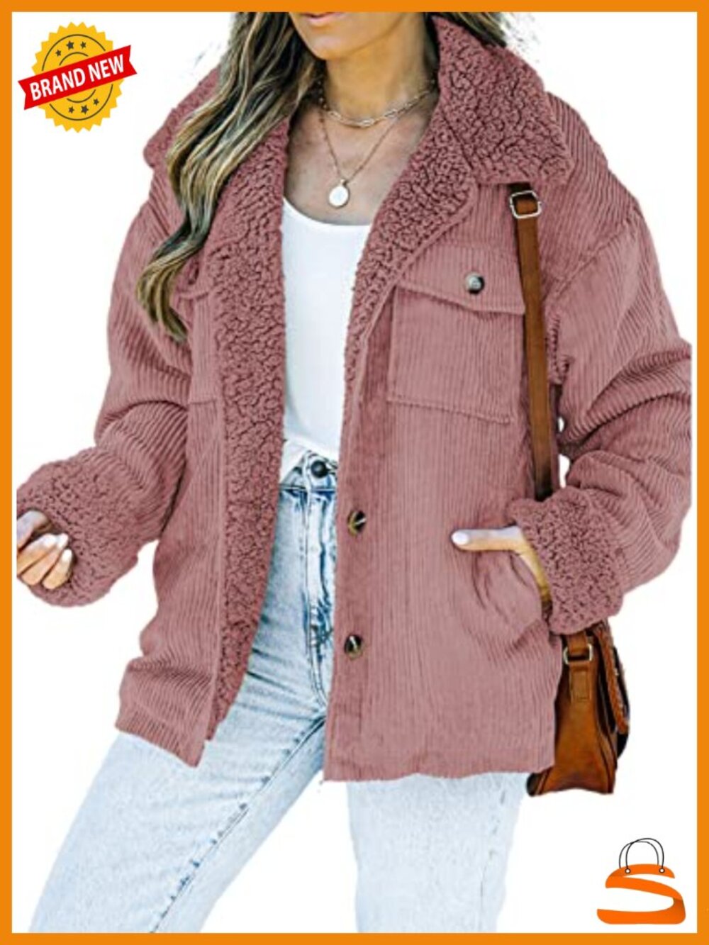 Corduroy Sherpa Lined Fleece Jacket Button Front Loose Fit Coat